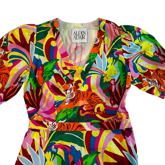 NWT Alden Adair Womens Louisa Rainforest Balloon Sleeve Midi Fringe Dress Sz XS‎ - Picture 5 of 13